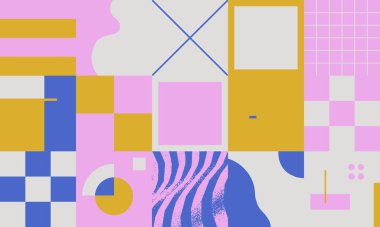 Geometrik şekiller ve elementlerle yapılan soyut sıradışı kompozisyonun modern sanat eserleri. Basit geometri vektörü arka planı web tasarımı, kartvizitler, davetiye, poster, moda baskıları için kullanışlı.