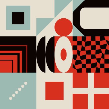 İsviçre tasarım tarzı soyut poster düzeni geometrik grafikler ve kalın elementlerle. Basit vektör şekilli modern geometri kompozisyonu çizimleri. Poster tasarımı, web sunumu vs. için kullanışlı.