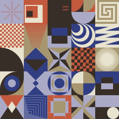 İsviçre tasarım tarzı soyut poster düzeni geometrik grafikler ve kalın elementlerle. Basit vektör şekilli modern geometri kompozisyonu çizimleri. Poster tasarımı, web sunumu vs. için kullanışlı.