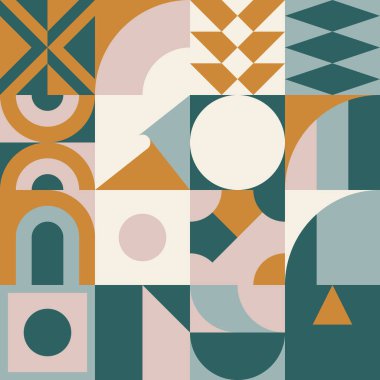 Basit şekilleri ve güzel renk paleti olan yüzyılın ortası geometrik soyut deseni. Basit geometrik desen kompozisyonu, web tasarımında en iyi kullanım alanı, kartvizit, davetiye, poster, tekstil baskısı.