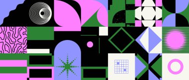 Basit şekiller ve parlak ve canlı renklerden oluşan soyut geometrik vektör deseni. Geometrik kompozisyon, web tasarımı için kullanışlı, kartvizit, davet, poster, tekstil baskısı, arkaplan.