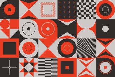 Basit şekilleri ve güzel renk paleti olan yüzyılın ortası geometrik soyut deseni. Basit geometrik desen kompozisyonu, web tasarımında en iyi kullanım alanı, kartvizit, davetiye, poster, tekstil baskısı.