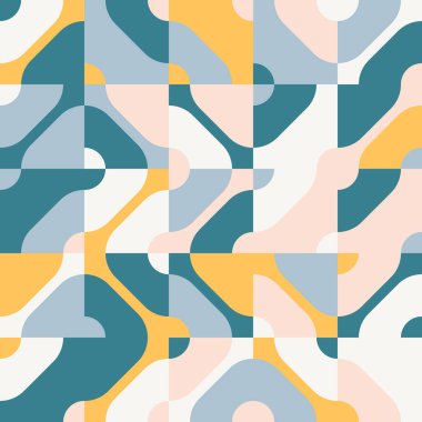 Basit şekilleri ve figürleri olan soyut mozaik sanat tasarımı. Temel form ve elementlerle geometrik desen grafikleri. Web afişi, iş sunumu, marka paketi, kumaş baskısı için mükemmel.