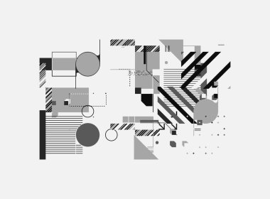 Parlak renkli geometrik şekillerle yapılmış vektör soyut teknolojik elementlerin dijital kolajı, web arkaplanı, poster tasarımı, dergi ön sayfası, yüksek teknoloji baskısı, kapak resmi.