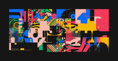 Geometrik şekiller ve elementlerle yapılan soyut sıradışı kompozisyonun modern sanat eserleri. Basit geometri vektörü arka planı web tasarımı, kartvizitler, davetiye, poster, moda baskıları için kullanışlı.