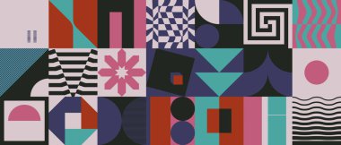 Geometrik şekil ve formlarla yapılmış basit vektör desenlerinin dijital grafik tasarımı, web sitesi başlığı, iş kartı, davetiye, poster, tekstil baskısı, arkaplan.