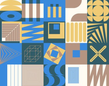 Basit şekiller ve parlak ve canlı renklerden oluşan soyut geometrik vektör deseni. Geometrik kompozisyon, web tasarımı için kullanışlı, kartvizit, davet, poster, tekstil baskısı, arkaplan.