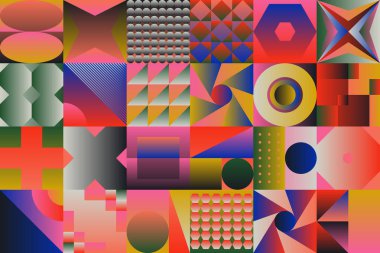 Basit şekiller ve parlak ve canlı renklerden oluşan soyut geometrik vektör deseni. Geometrik kompozisyon, web tasarımı için kullanışlı, kartvizit, davet, poster, tekstil baskısı, arkaplan.