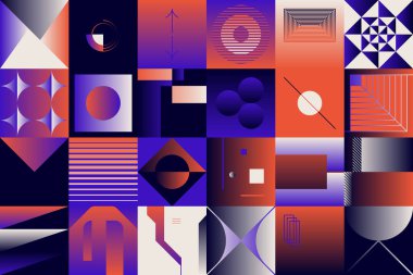 Basit şekiller ve parlak ve canlı renklerden oluşan soyut geometrik vektör deseni. Geometrik kompozisyon, web tasarımı için kullanışlı, kartvizit, davet, poster, tekstil baskısı, arkaplan.