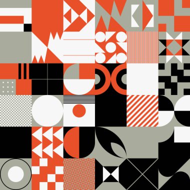 Basit şekilleri ve figürleri olan geometrik çizimler. Geometrik şekilli ve elementli soyut desenler. Web afişi, iş sunumu, marka paketi, kumaş baskısı için mükemmel.