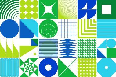 Basit şekilleri ve figürleri olan geometrik çizimler. Geometrik şekilli ve elementli soyut desenler. Web afişi, iş sunumu, marka paketi, kumaş baskısı için mükemmel.