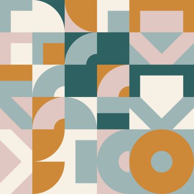 Basit şekiller ve parlak ve canlı renklerden oluşan soyut geometrik vektör deseni. Geometrik kompozisyon, web tasarımı için kullanışlı, kartvizit, davet, poster, tekstil baskısı, arkaplan.