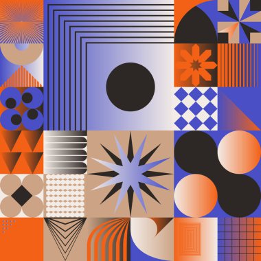Basit şekilleri ve güzel renk paleti olan yüzyılın ortası geometrik soyut deseni. Basit geometrik desen kompozisyonu, web tasarımında en iyi kullanım alanı, kartvizit, davetiye, poster, tekstil baskısı.