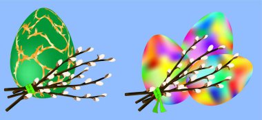 Paskalya bayramı için bir buket söğüt dalı ve renkli yumurtalar.