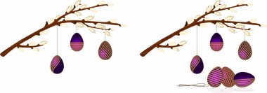  Paskalya bayramında tomurcuklanan söğüt dalları beyaz bir arka planda dalda asılı renkli yumurtalar. 