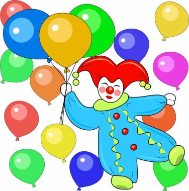 Parlak kostümlü renkli balonları olan komik bir palyaço insanları tatilde güldürür, beyaz arka planda izole bir şekilde.