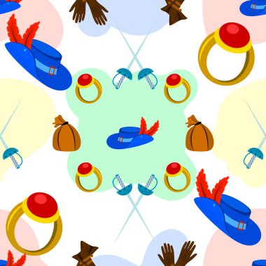 Tüylü, paralı, kılıçlı, beyaz arka planda eldivenli silahşör şapkası setindeki desen.