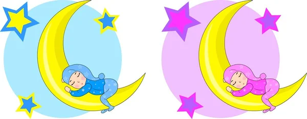 Маленький Новорожденный Спит Жёлтой Луне Звездами Девочкой Мальчиком Пижаме Кепке — стоковый вектор