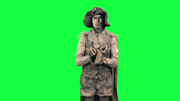 Estatua viva demuestra un objeto imaginario Chromakey — Vídeos de Stock