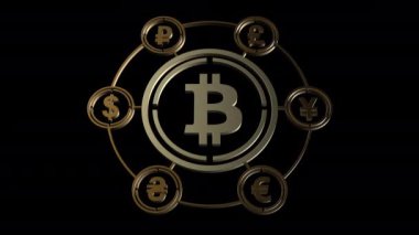 İlgi odağı olan diğer dünya para birimlerinin merkezindeki Bitcoin simgesi. Bitcoin para değişimi, bitcoin ticaret platformu. Soyut altın rengi 3D görüntüleme, döngü video 4k