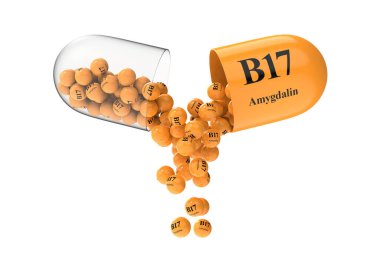 Vitamin bileşiminin döküldüğü b17 Amygdalin içeren kapsülü aç. Tıbbi 3B canlandırma