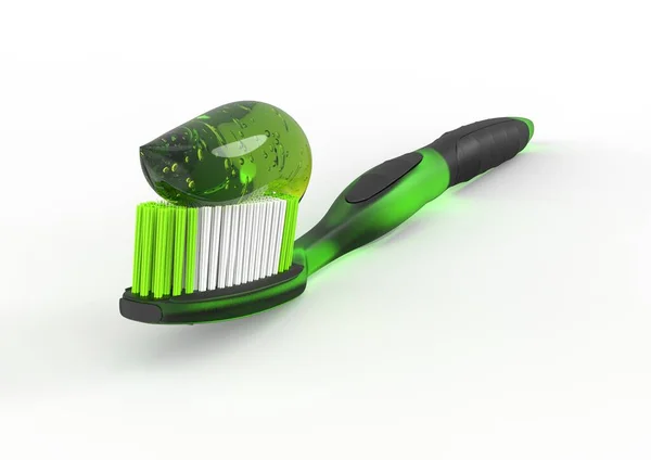 Green Translucent Plastic Toothbrush Green Transparent Gel Toothpaste Three Quarter — Stock Photo, Image