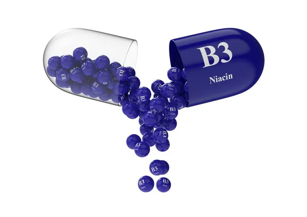 ビタミン組成物を注ぐからB3ナイアシンとオープンカプセル 医療用3Dレンダリングイラスト — ストック写真