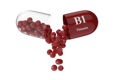 Vitamin bileşiminin döküldüğü b1 thiamin içeren kapsülü aç. Tıbbi 3B canlandırma