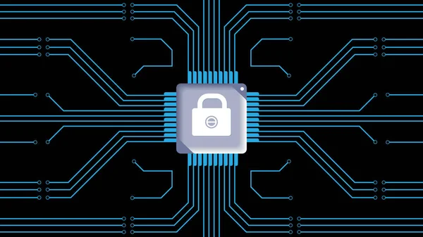 Chip Bloqueio Uma Placa Circuito Computador Símbolo Gráfico Sistema Segurança — Vetor de Stock