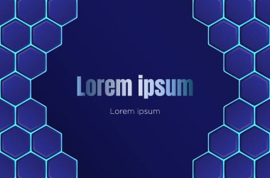 Koyu mavi bir yüzey üzerinde yumuşak bir bal peteği altıgen ızgara deseni ile fütüristik ve soyut vektör arkaplanı, parlak mavi neon çizgiler tarafından çerçevelenmiş ve uzay kopyalama