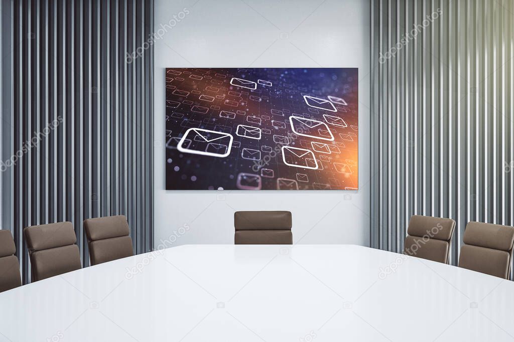 Creative concept of postal envelopes illustration on presentation screen in a modern conference room. Email and communications concept. 3D Rendering