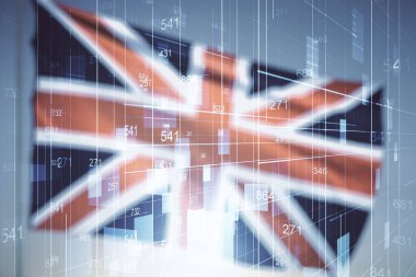 Abstract virtual stats data hologram on flag of Great Britain and sunset sky background. Multiexposure clipart