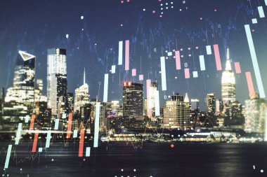 Manhattan şehrinin arka planı, finansal ve ticari konsepti üzerinde sanal soyut finansal grafik arayüzüne çoklu maruz kalma