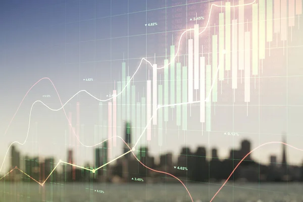 Multi exposure van virtuele abstracte financiële grafiek interface op wazige wolkenkrabbers achtergrond, financieel en trading concept — Stockfoto