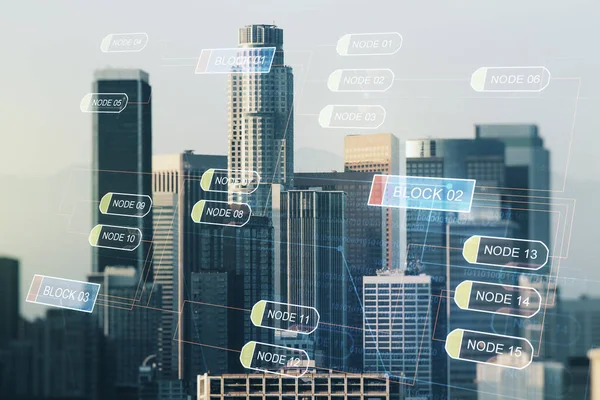 Abstract virtual coding illustration on Los Angeles cityscape background, conceito de desenvolvimento de software. Multiexposição — Fotografia de Stock