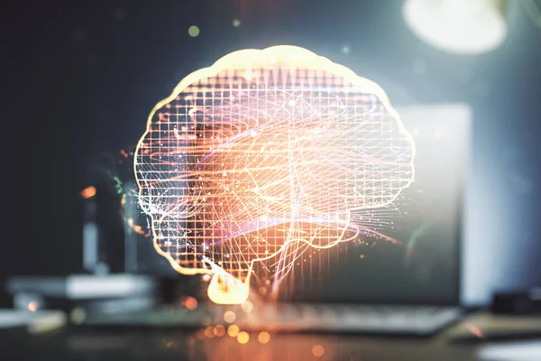 Doble exposición de la inteligencia artificial creativa símbolo con portátil moderno en el fondo. Redes neuronales y concepto de aprendizaje automático — Foto de Stock