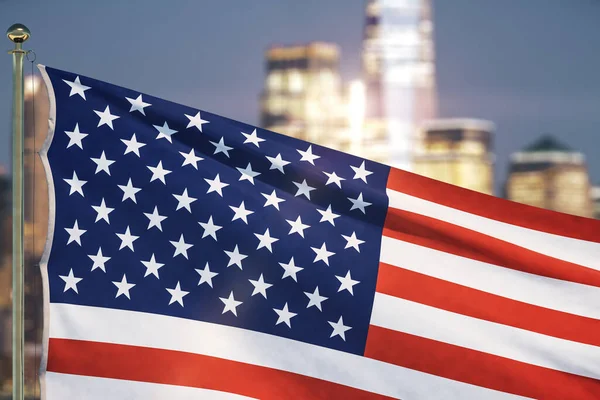 USA-Flagge auf verschwommenem Stadtbild am Abend, Nahaufnahme — Stockfoto