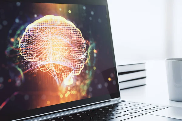 Kreativ artificiell intelligens koncept med mänskliga hjärnan hologram på modern bärbar skärm. 3D-återgivning — Stockfoto