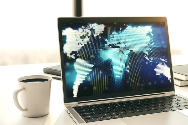 现代笔记本电脑屏幕上的创意世界地图,国际贸易的概念.3D渲染 — 图库照片