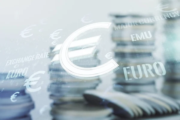 仮想EUROシンボルは、成長中のコインの背景、戦略、予測の概念をスケッチします。多重露光 — ストック写真