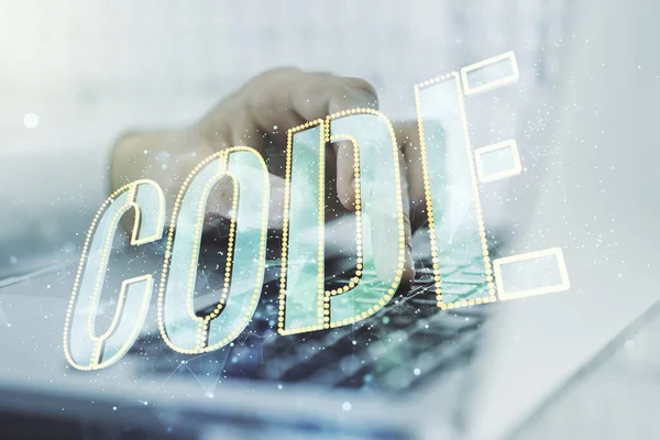 Creatieve Code woordteken en handen typen op laptop op de achtergrond, internationale software-ontwikkeling concept. Meervoudige blootstelling — Stockfoto