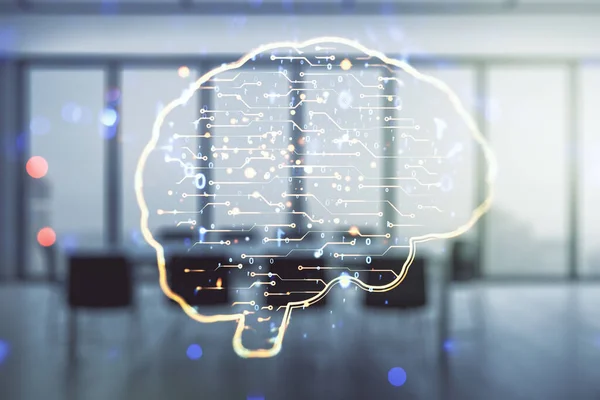 Virtuell kreativ artificiell intelligens hologram med mänsklig hjärna skiss på en modern coworking room bakgrund. Dubbel exponering — Stockfoto