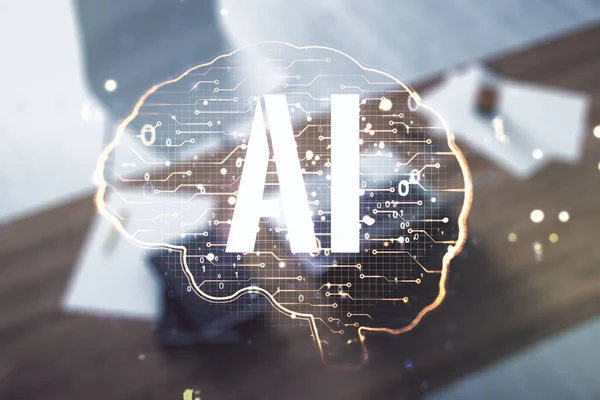 Concepto de inteligencia artificial creativa con dibujo del cerebro humano y escritorio moderno con PC en el fondo. Doble exposición — Foto de Stock
