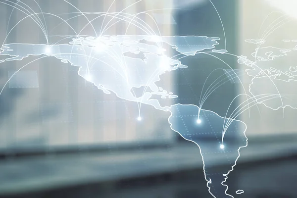 Doble exposición del holograma abstracto del mapa del mundo digital con conexiones en el fondo exterior del centro de negocios contemporáneo, big data y concepto de blockchain —  Fotos de Stock
