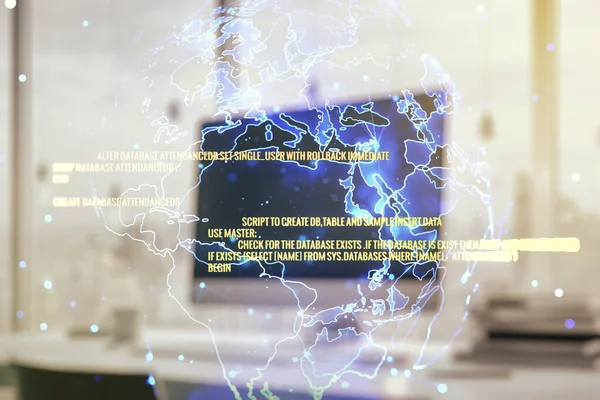 Multiexposure van abstract programmeertaal hologram met wereldkaart op computer achtergrond, kunstmatige intelligentie en neurale netwerken concept — Stockfoto