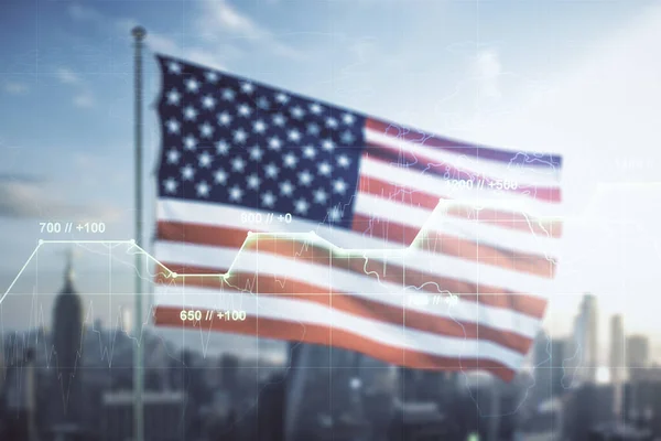 Multi exposure of abstract virtual graphic data spreadsheet sketch on US flag and skyline background, analytics and analysis concept — Stock Photo, Image