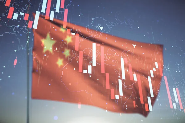 Paparan ganda dari grafik krisis global virtual abstrak dan hologram peta dunia pada bendera Tiongkok dan latar belakang langit matahari terbenam. Konsep krisis keuangan dan resesi — Stok Foto