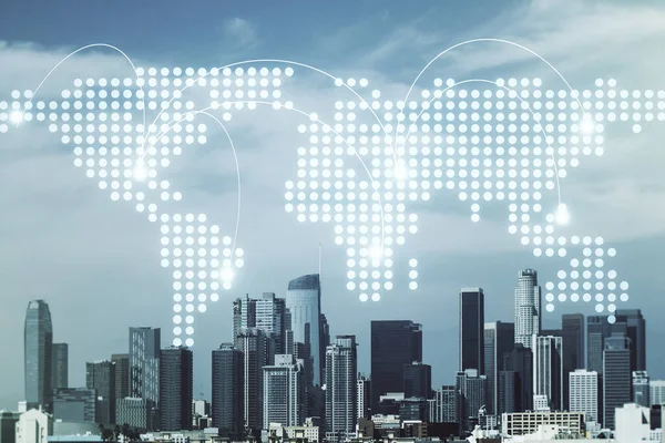 Carte du monde virtuelle abstraite avec des connexions sur fond de skyline Los Angeles, concept de trading international. Multiexposition — Photo