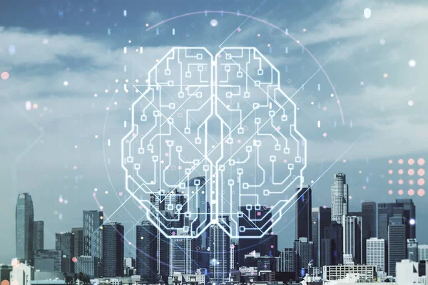 Dubbel exponering av kreativ artificiell intelligens gränssnitt på Los Angeles city skyskrapor bakgrund. Neurala nätverk och maskininlärningskoncept — Stockfoto