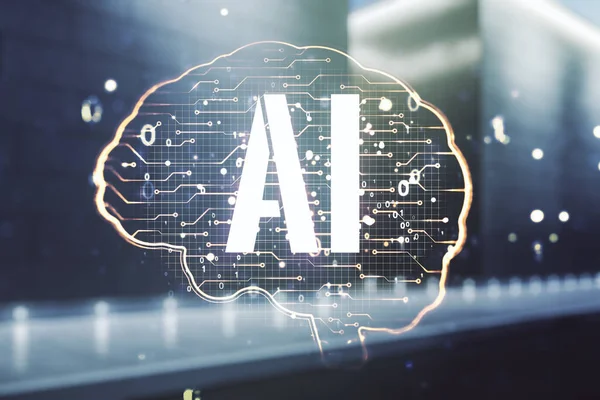Virtuell kreativ artificiell intelligens hologram med mänskliga hjärnan skiss på suddiga samtida kontorsbyggnad bakgrund. Dubbel exponering — Stockfoto